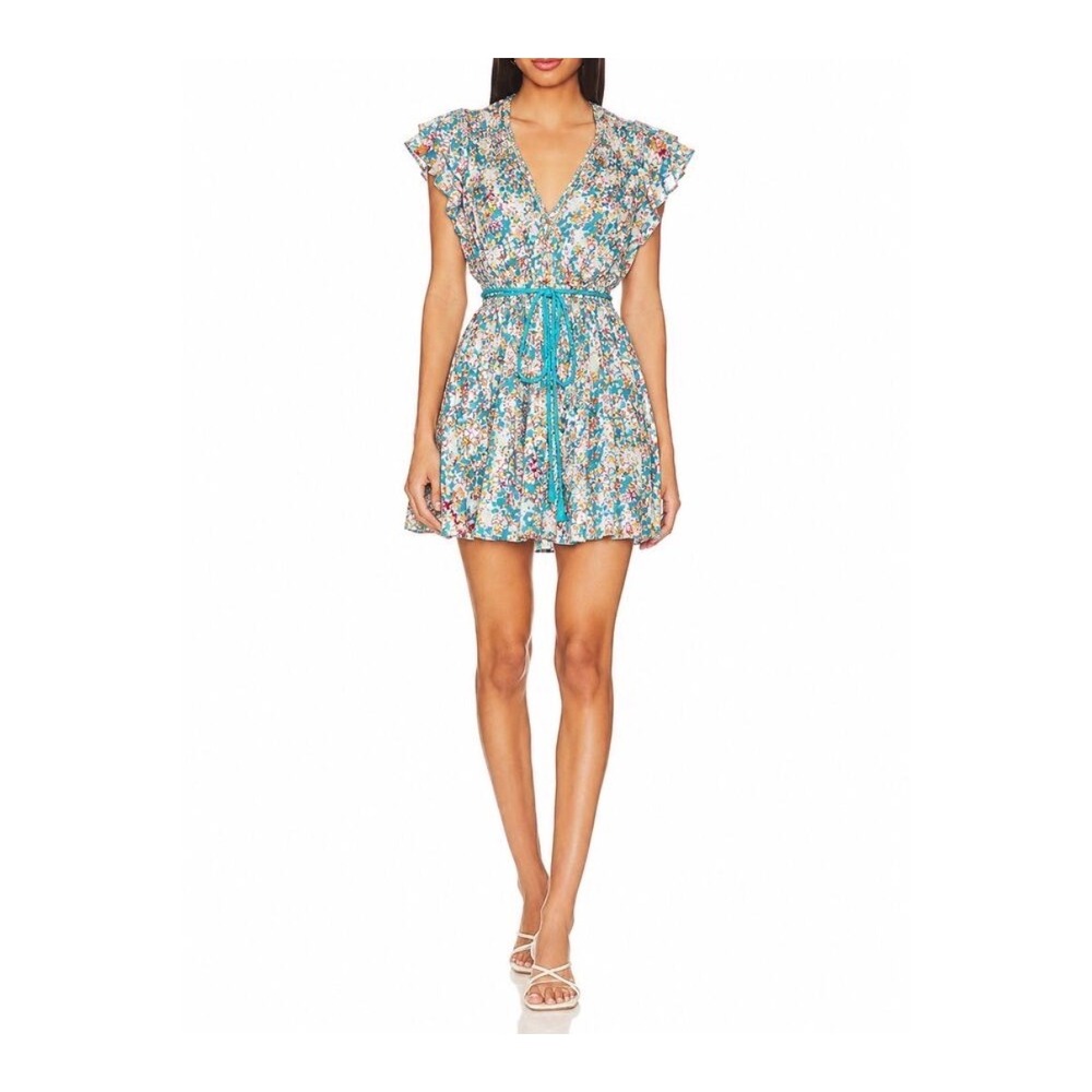 Poupette St Barth Bice Mini Dress Womens Large Green Floral Rope Belt Viscose